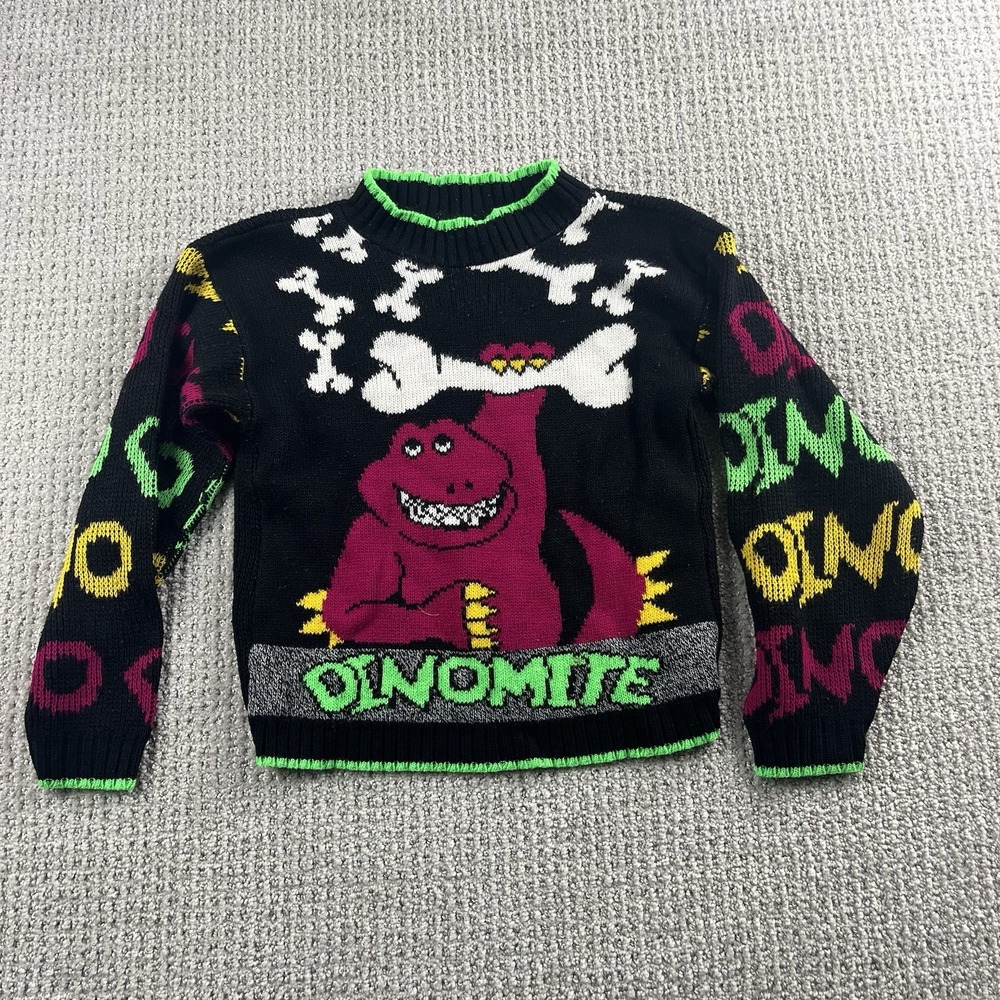 Vintage Purple Dinosaur Barney Knit Sweater 90s Youth XS 4/5 Dynomite USA Made